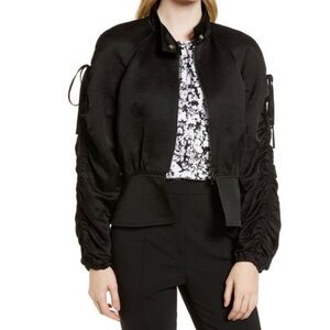 Lewit Black jacket ruched sleeve peplum zipper closure linen viscose blend NEW